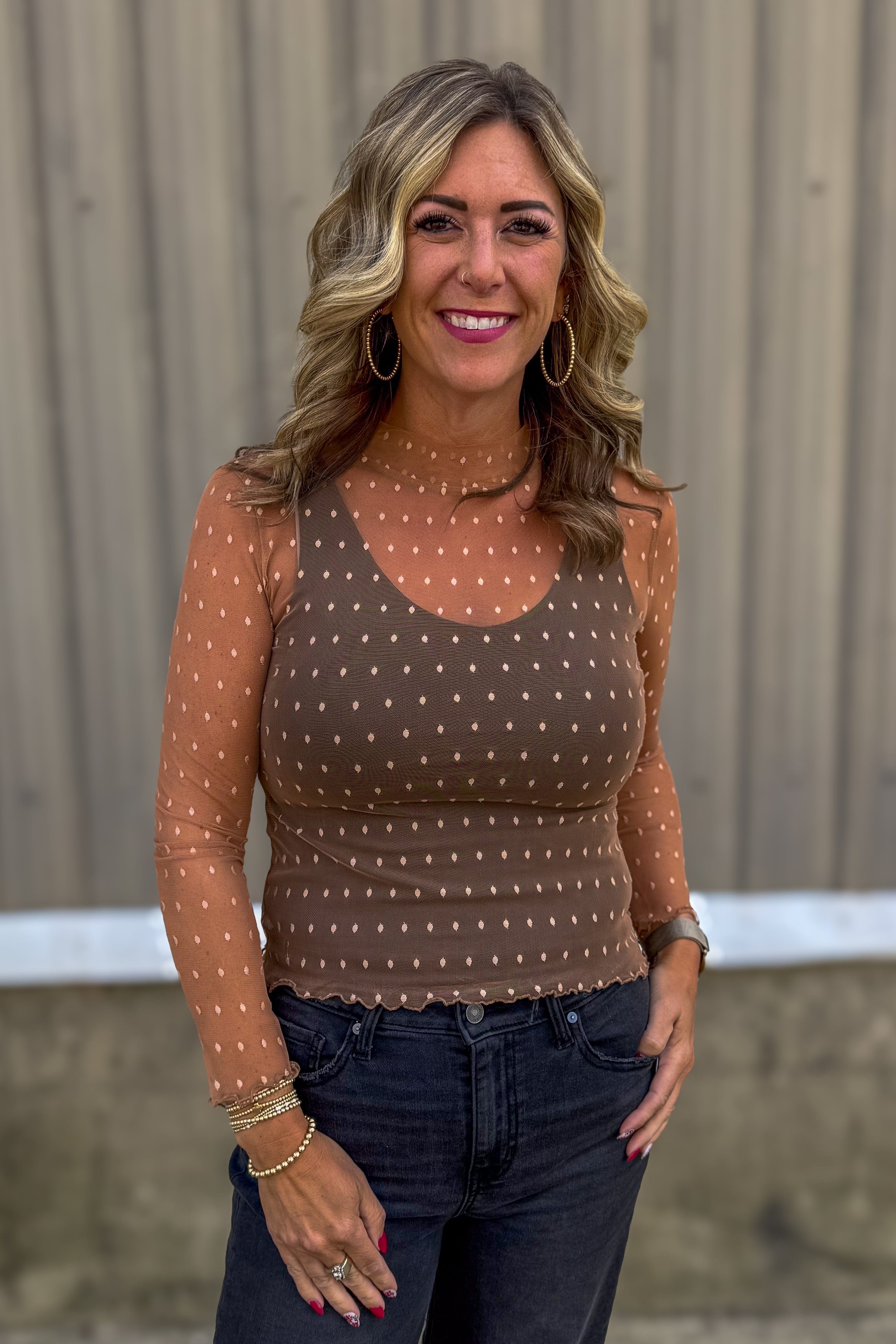 Taupe Dot Mesh Sheer Top