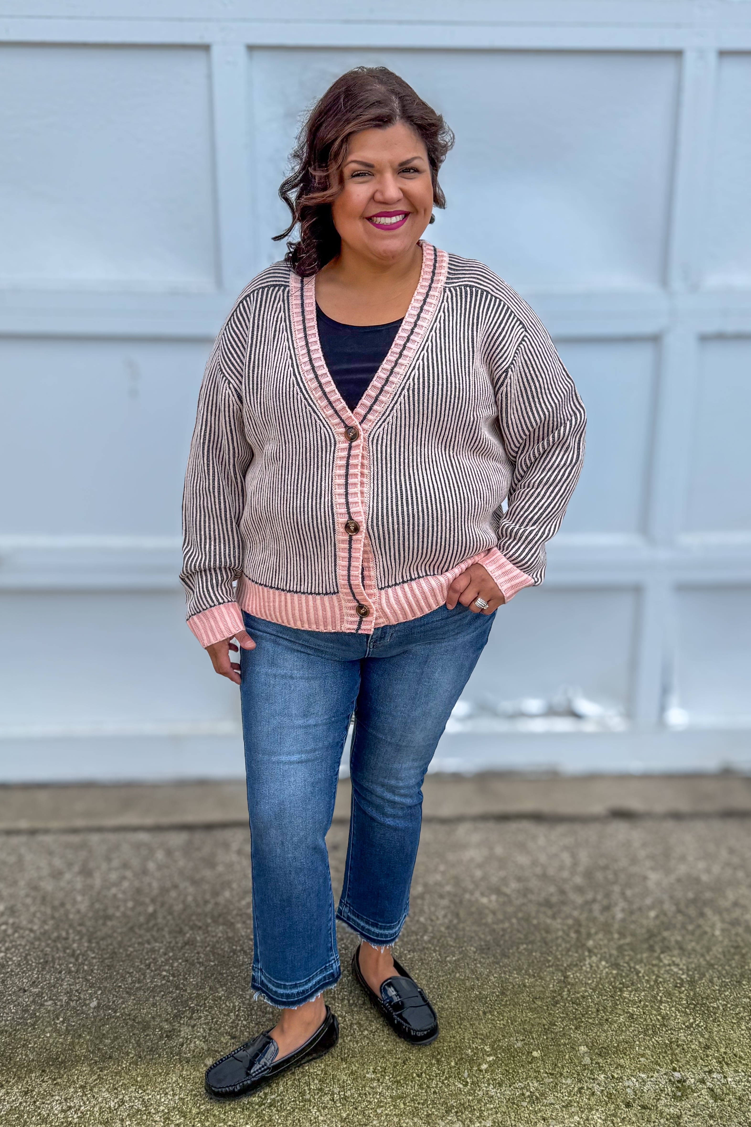 Peach Mix Ribbed Colorblock Cardigan styled