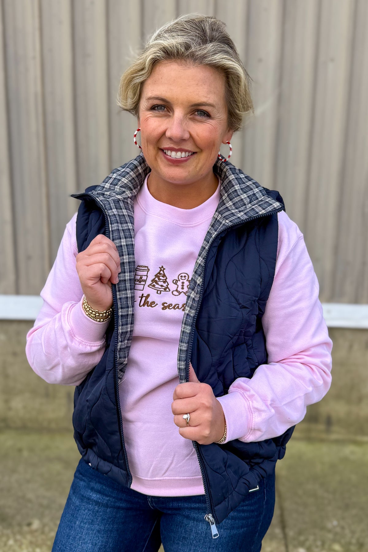 Navy Plaid Collar Quilted Vest