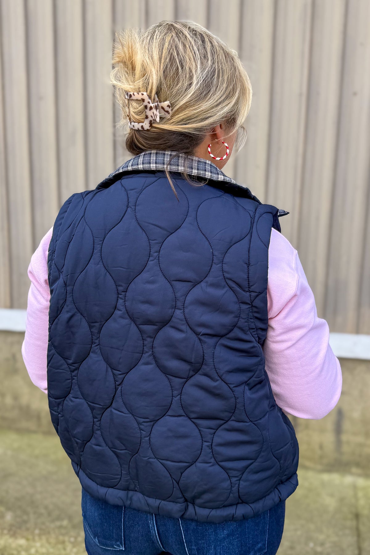 Navy Plaid Collar Quilted Vest Back