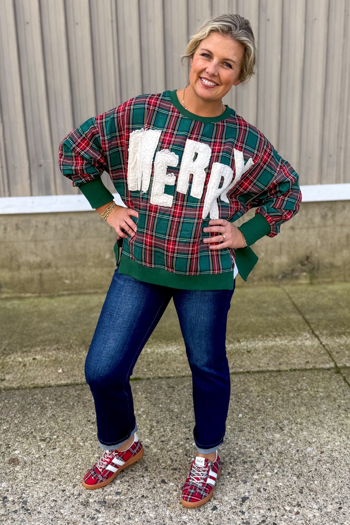 Green Plaid Merry Sherpa Applique Pullover Styled