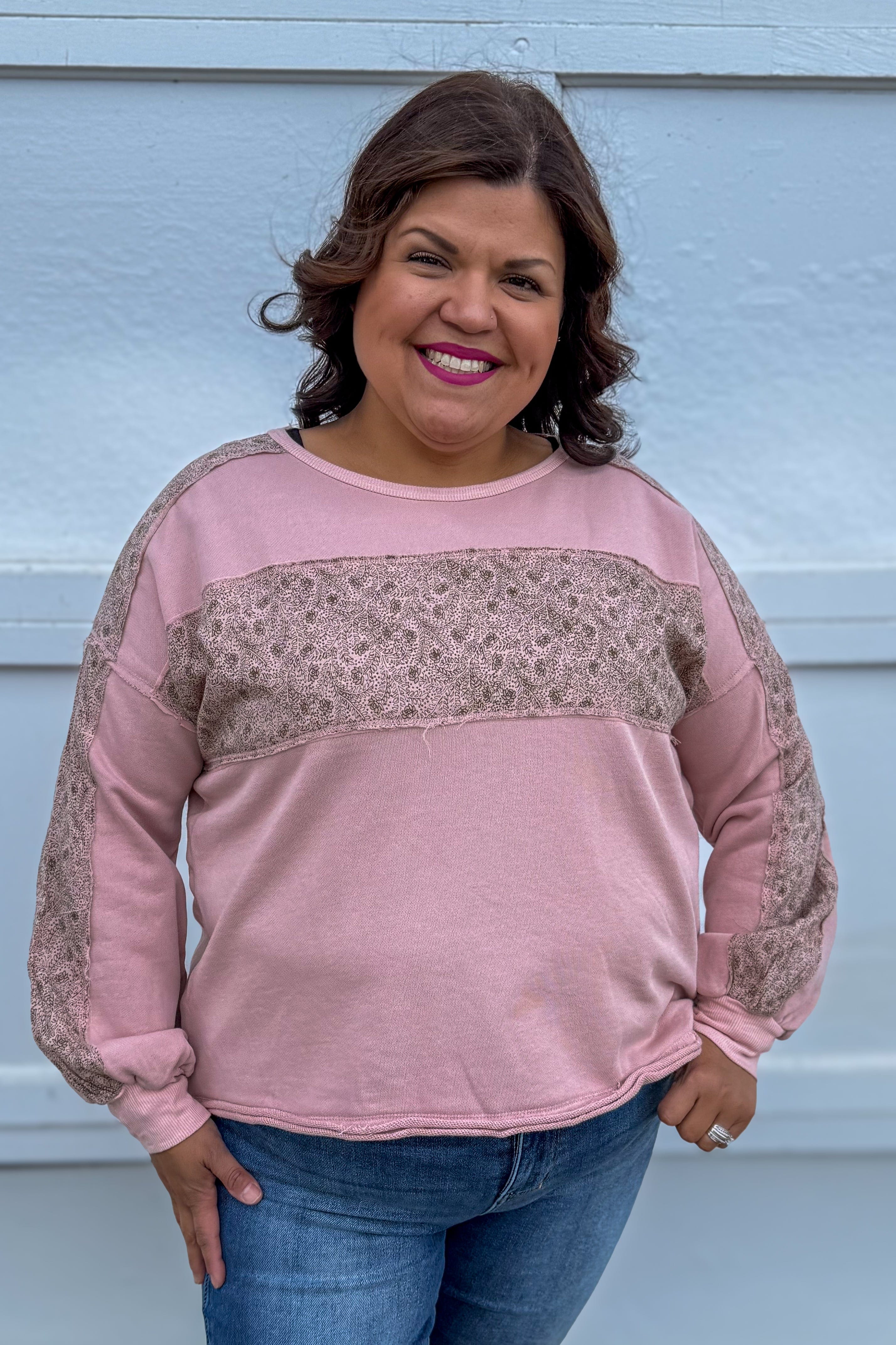 Dusty Pink Crewneck Floral Contrast