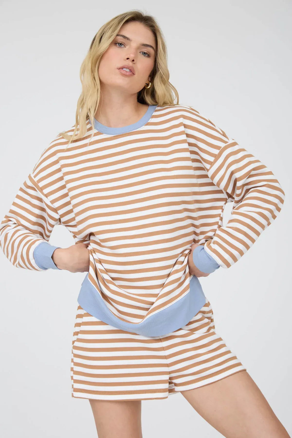Khaki Striped Boxy Long Sleeve Top