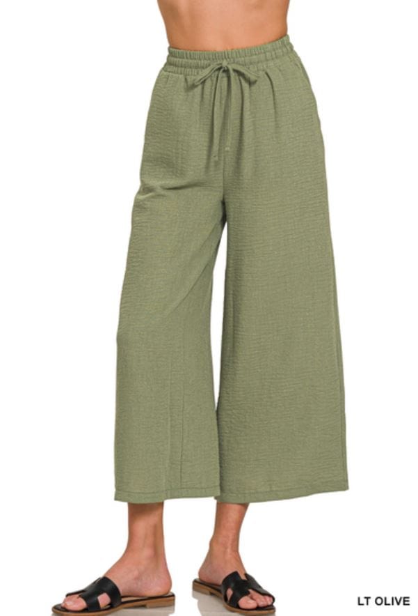 Lt Olive Woven Crepe Drawstring Crop Pant