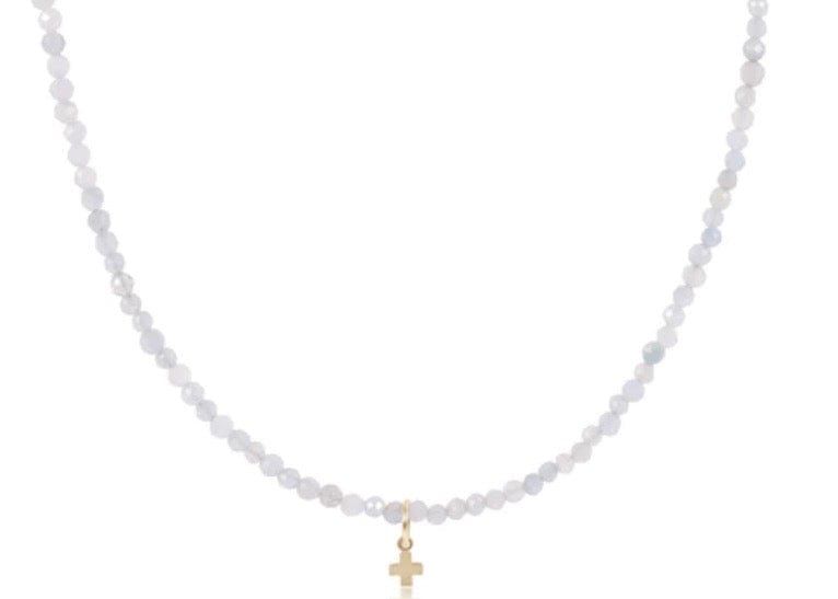 15" Choker Gemstone 3mm - Pearl - Signature Cross Small Gold Charm