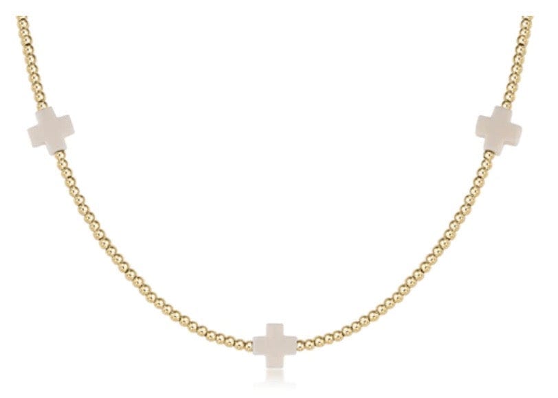 15" Choker Signature Cross Gold Pattern 2mm Bead - Off White
