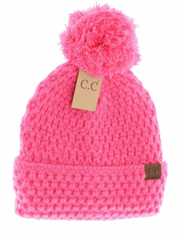 Bee Stitch Pattern Cuff Pom Beanie - Candy Pink - Jean Marie's