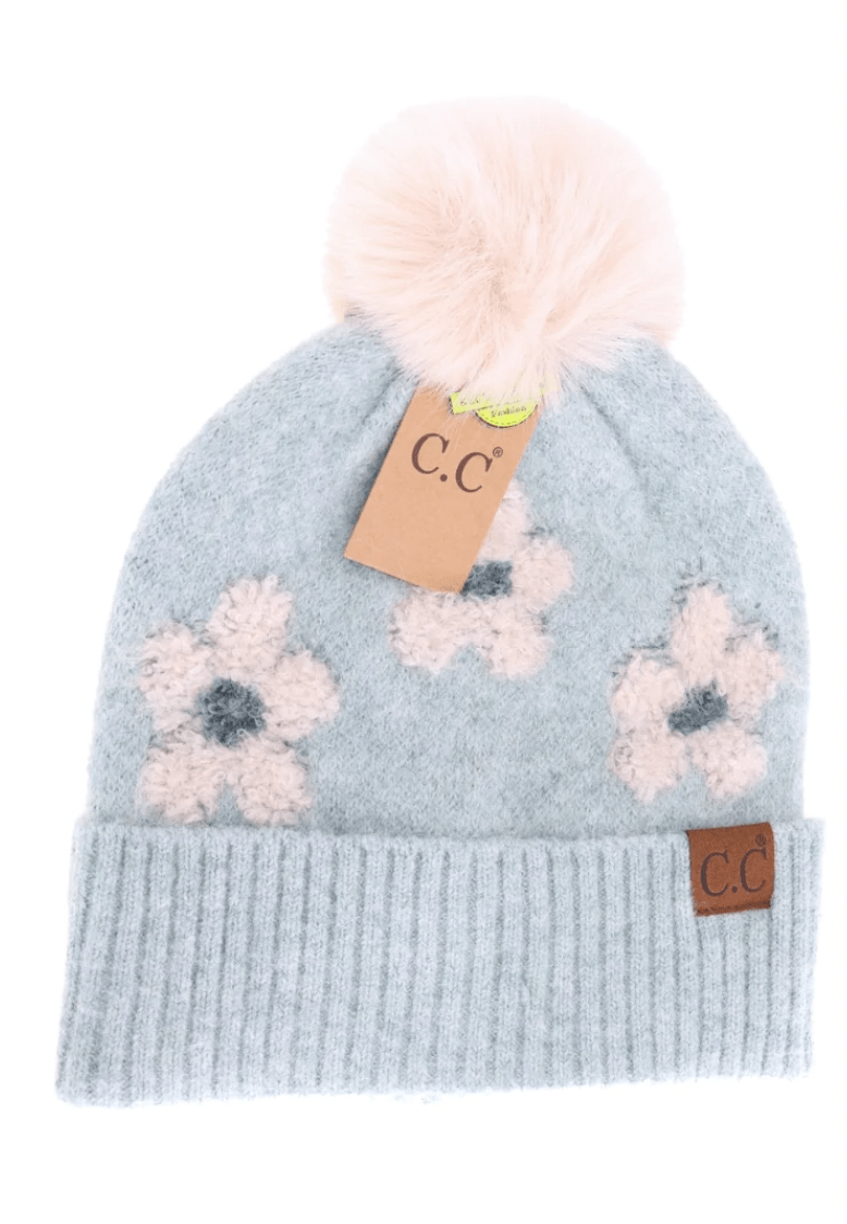 Daisy Pattern Pom Beanie - Heather Mint