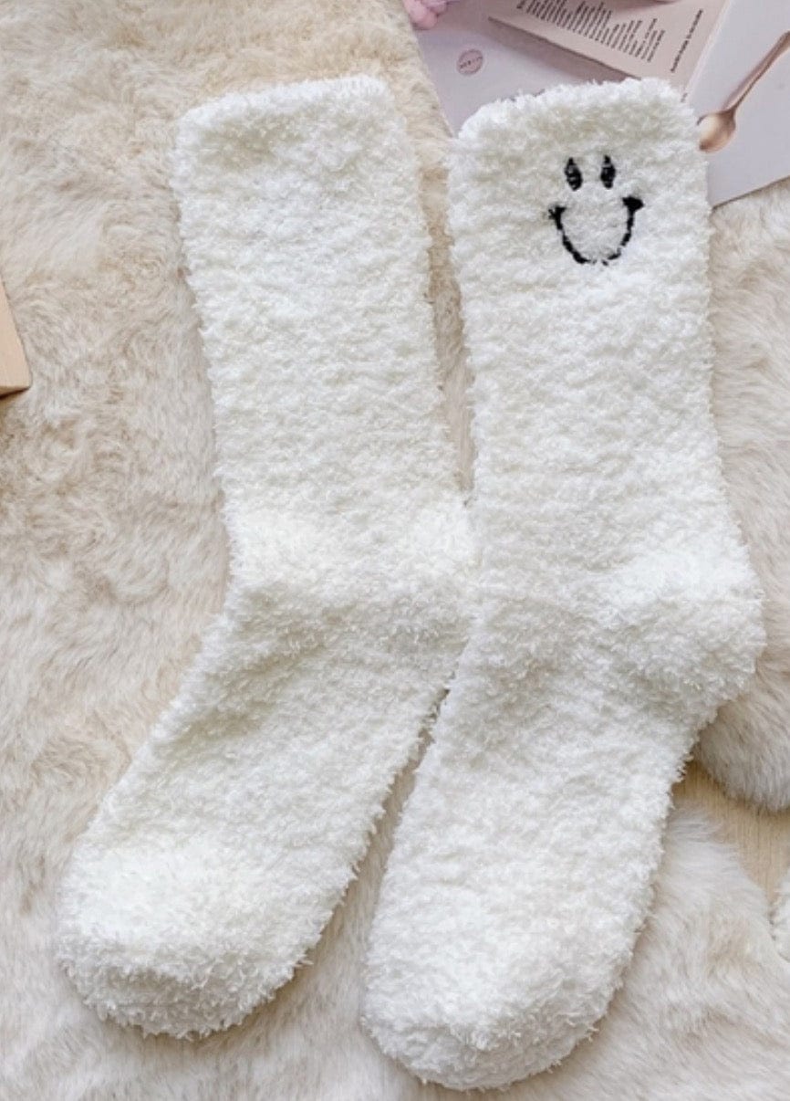 White Smiley Face Fuzzy Socks