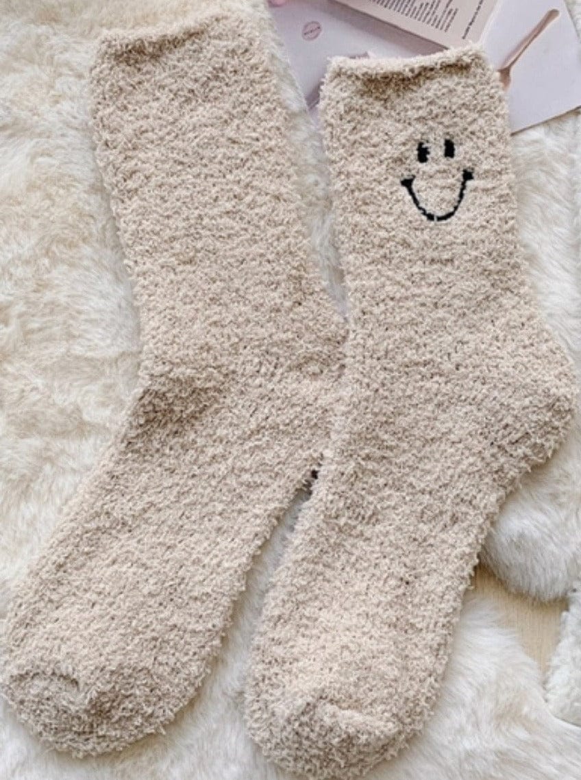 Ash Mocha Smiley Face Fuzzy Socks