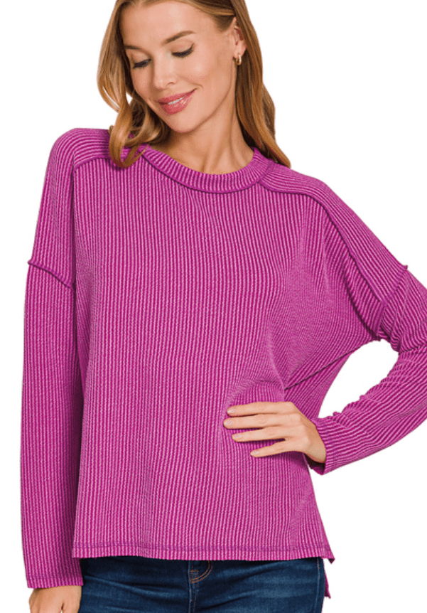 Plum Raised Ribbed Long Sleeve Top