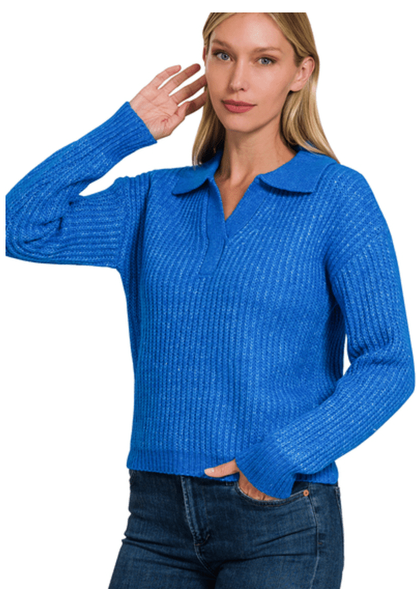 Ocean Blue Melange Collared V-Neck Sweater