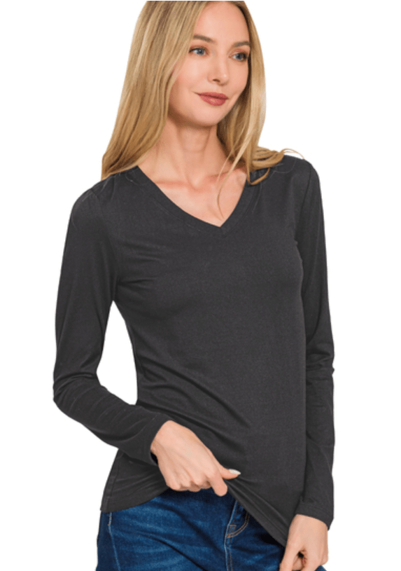 Black Brushed V-Neck Long Sleeve Top
