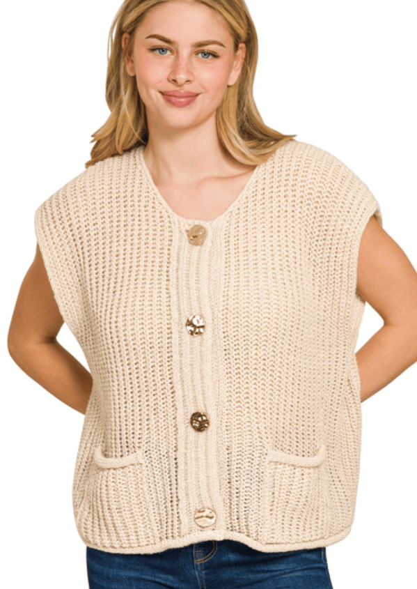 Sand Beige 4 Button Sweater Vest