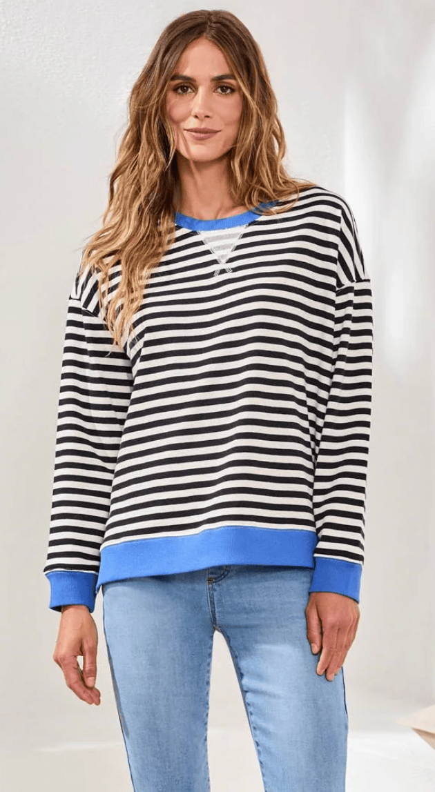 Black Striped French Terry Crew Neck Top With Combo Trim