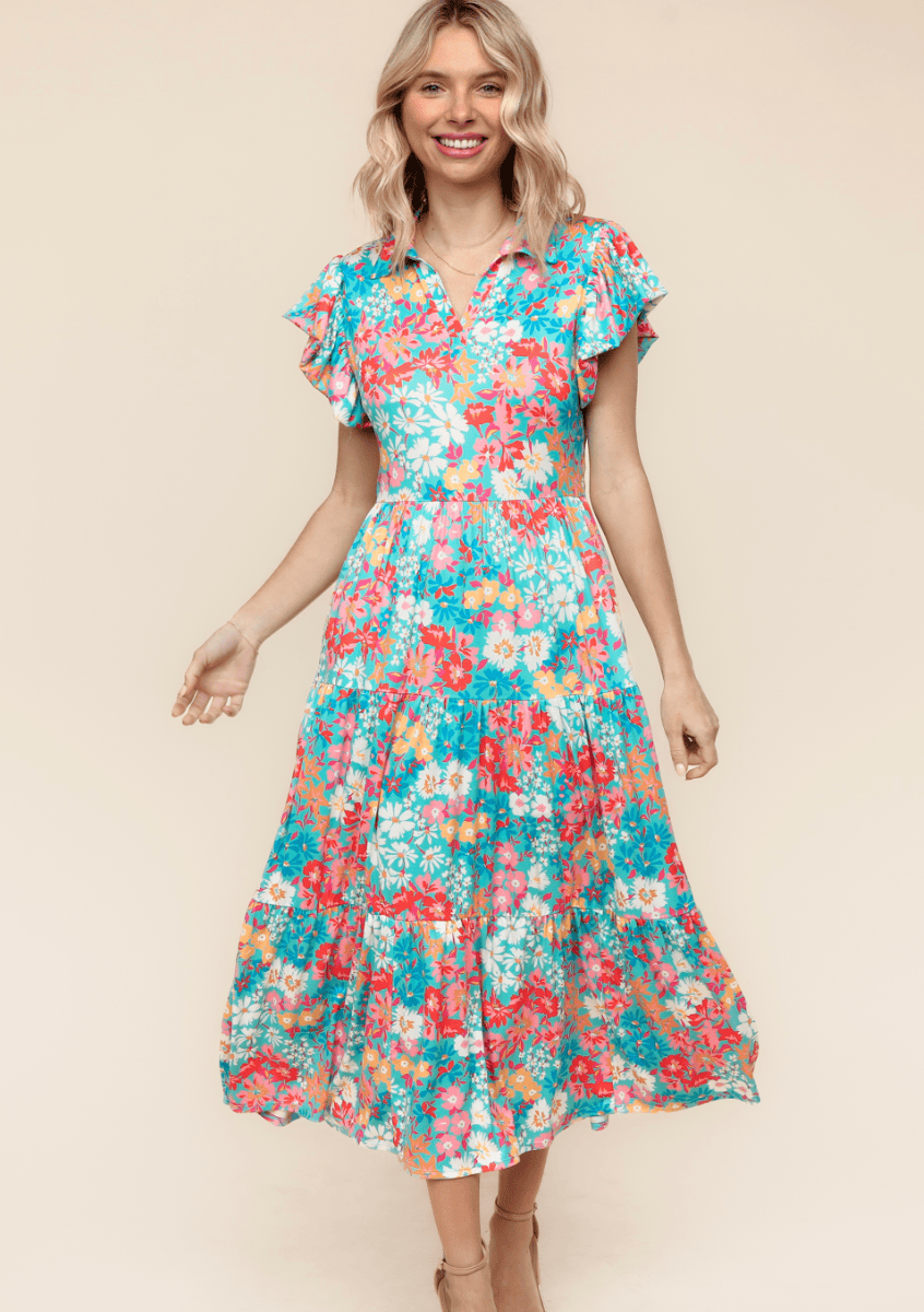 Mint Floral Ruffle Sleeve Knit Midi Dress