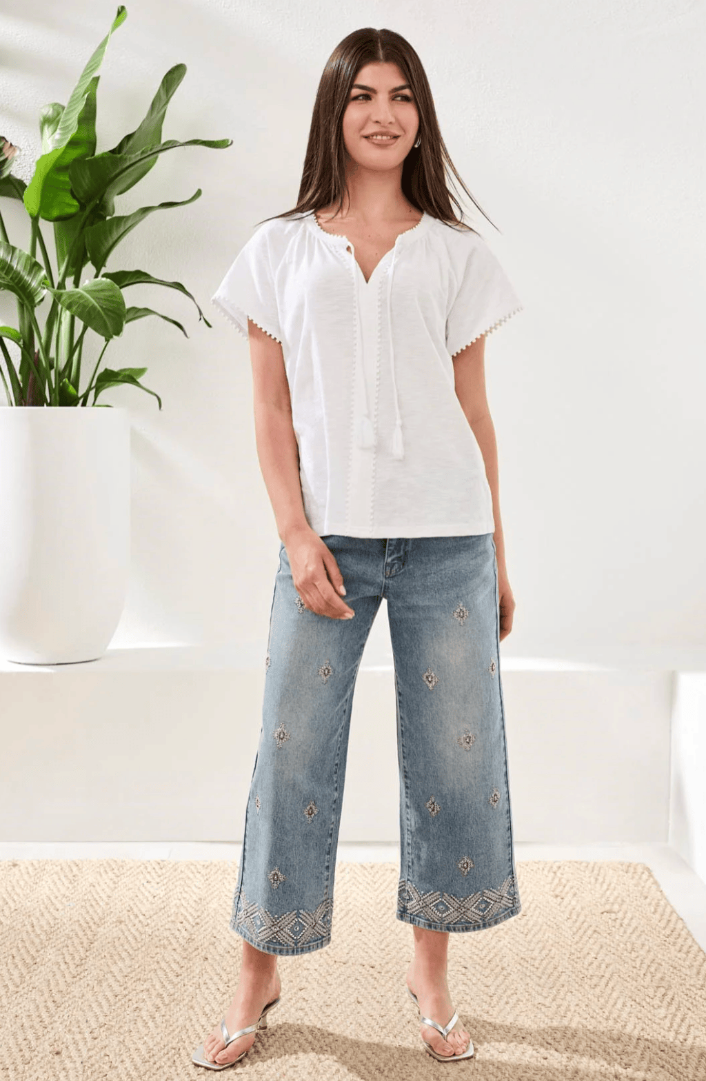 White Cotton Slub Split Neck Tassel Top