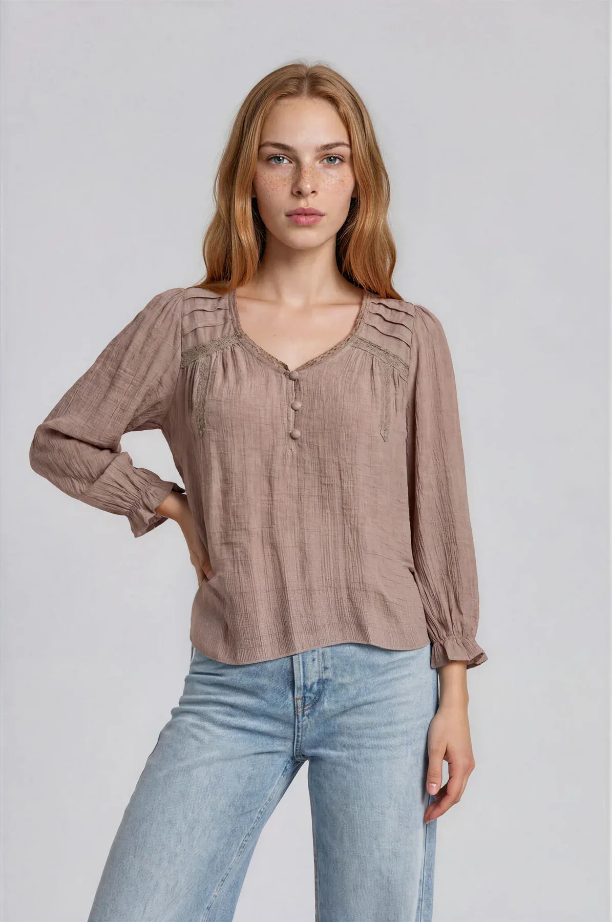Mocha Crochet Trim Henley Top