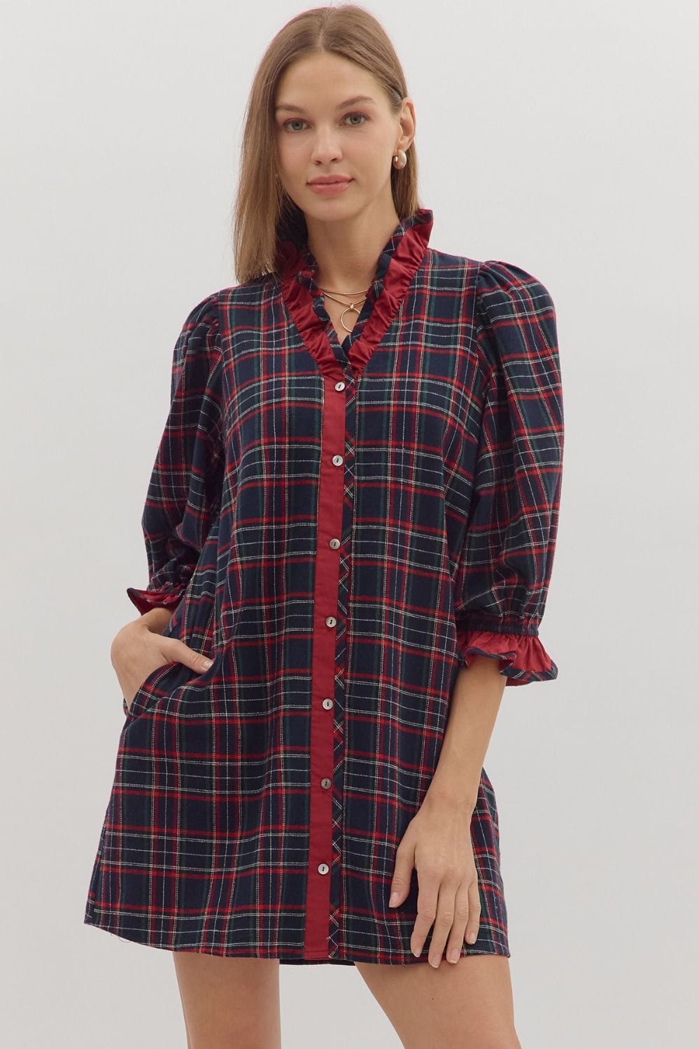 Navy Plaid Ruffle Trim Mini Dress