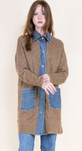 Camel Soho Cable Knit Denim Trim Cardigan