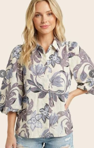 Grey Floral Collared 3/4 Bubble Sleeve Top