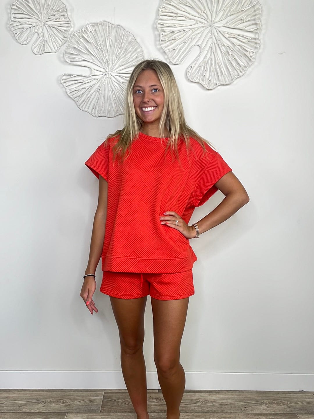 Orange Textured Short Sleeve Sweatshirt Top