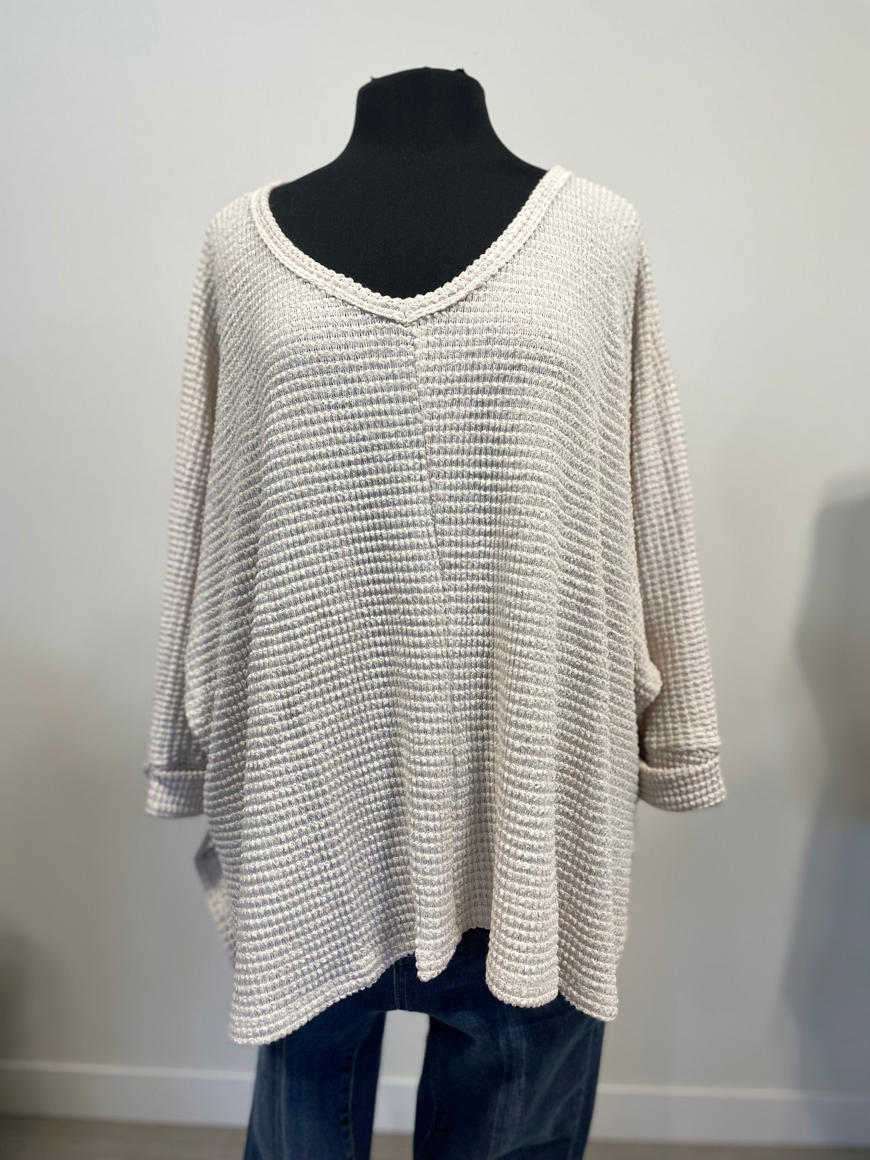 Sand Beige VNeck Jacquard Sweater