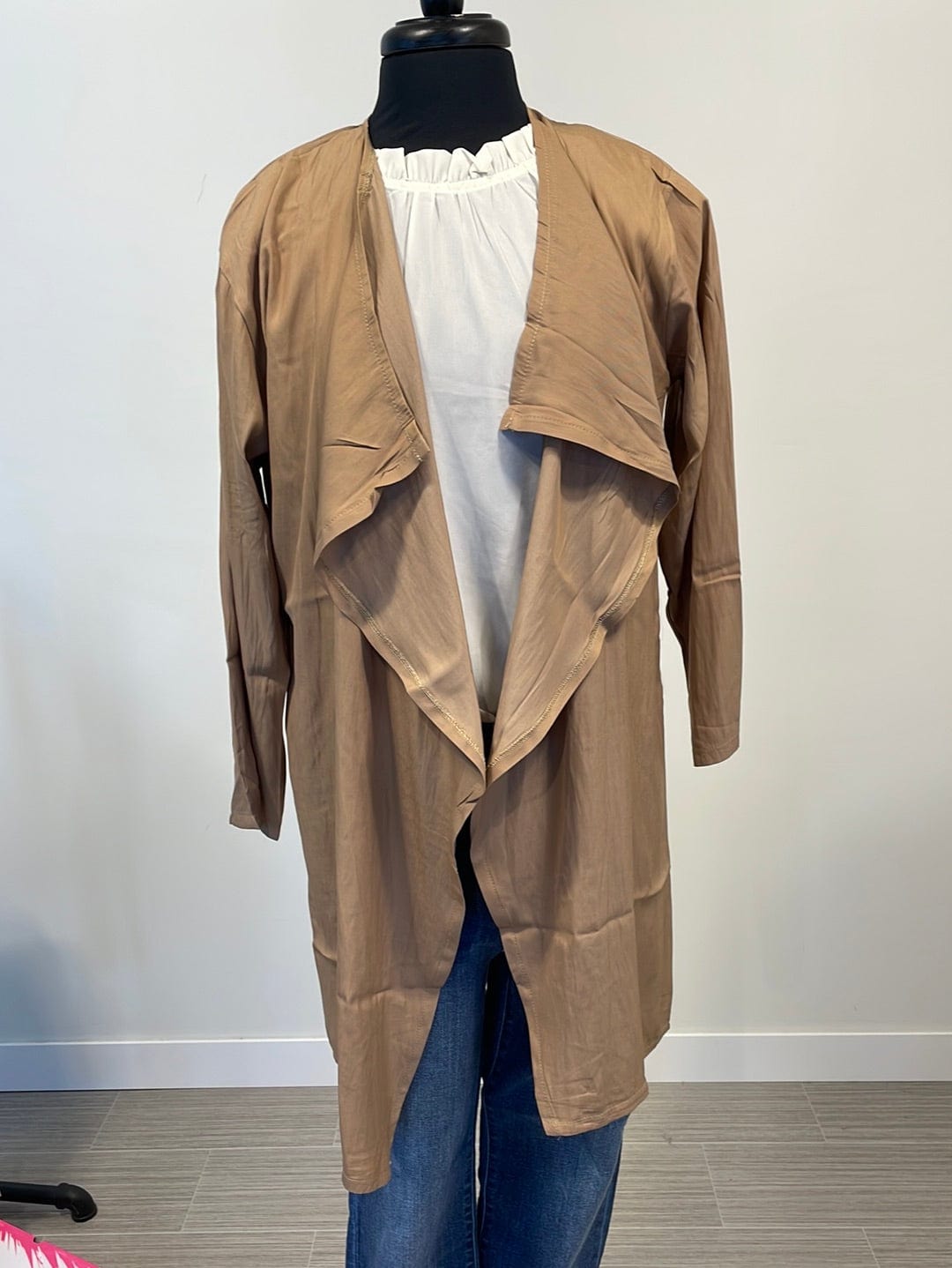 Beige Waterfall Lapel Satin Cardigan
