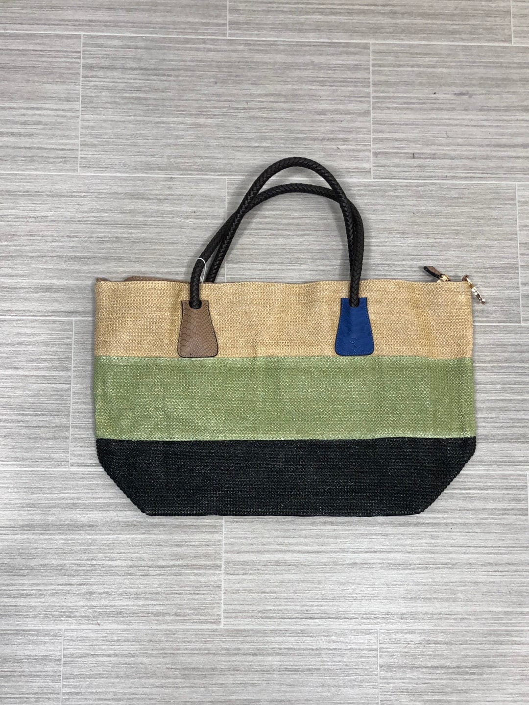 Green Colorblock Straw Tote