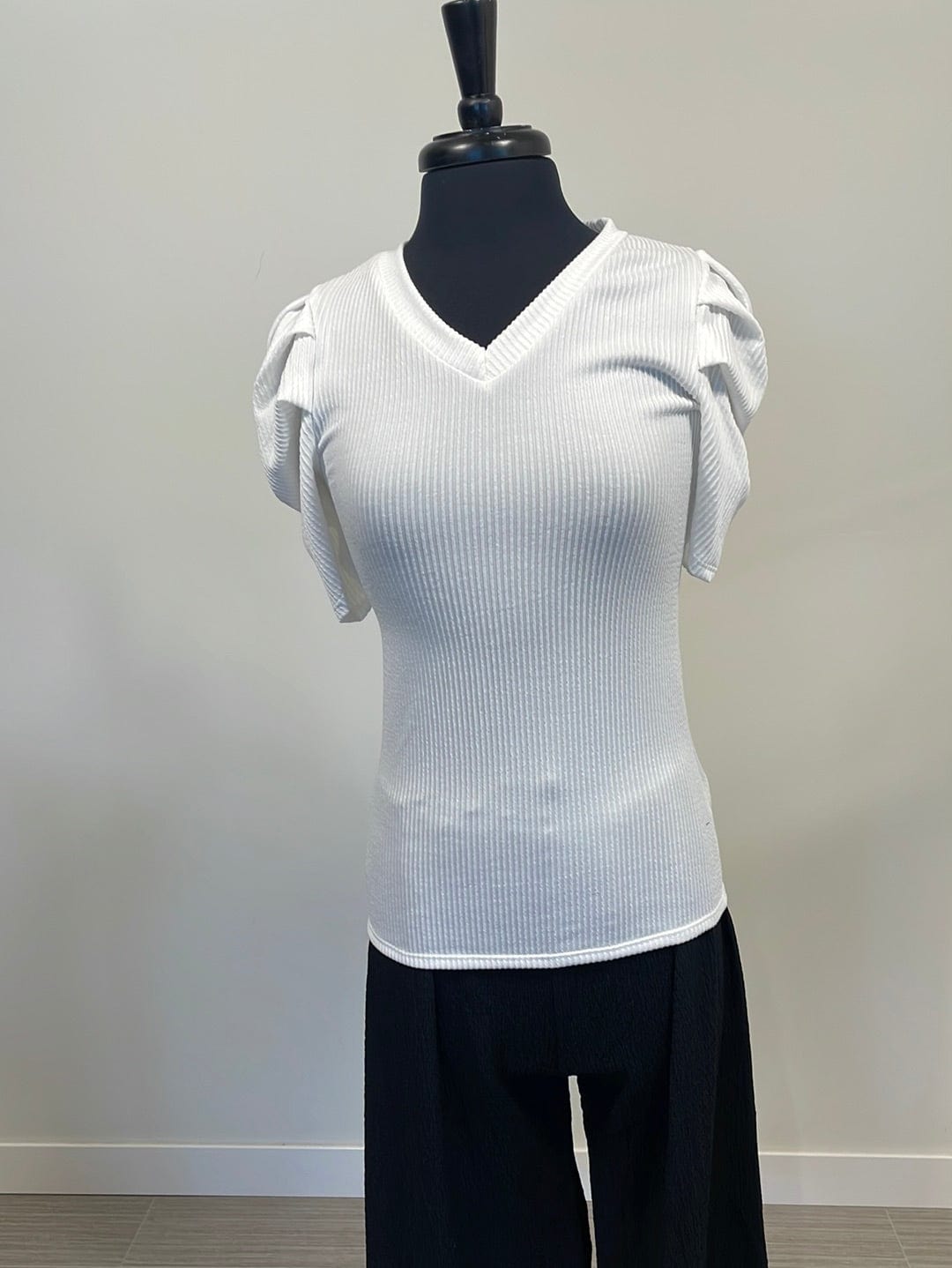 Off White Ribbed Princess Sleeve Top