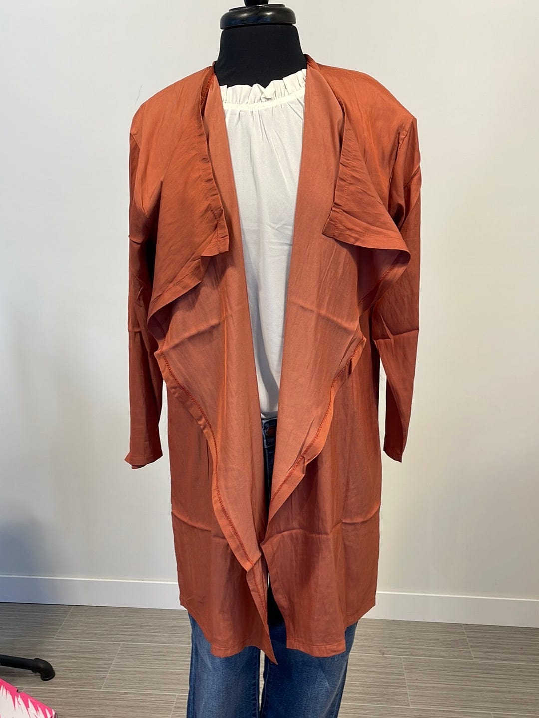 Rust Waterfall Lapel Satin Cardigan