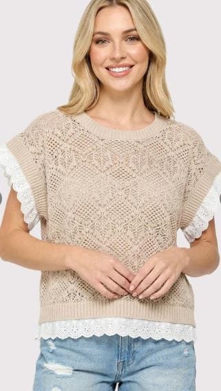Natural Eyelet Lace Trim Crochet Sweater