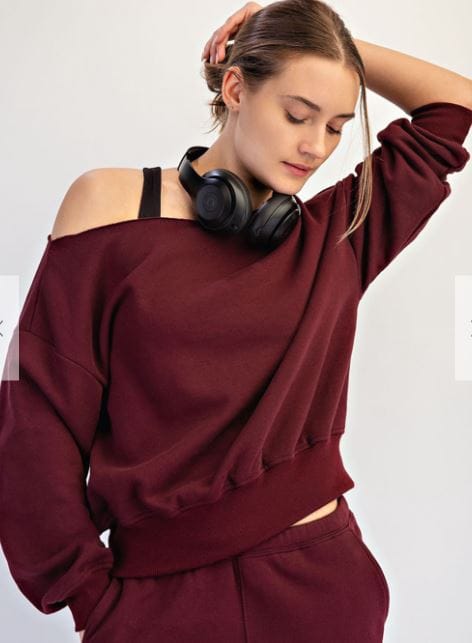 Dark Cherry French Terry Off Shoulder Sweatshirt