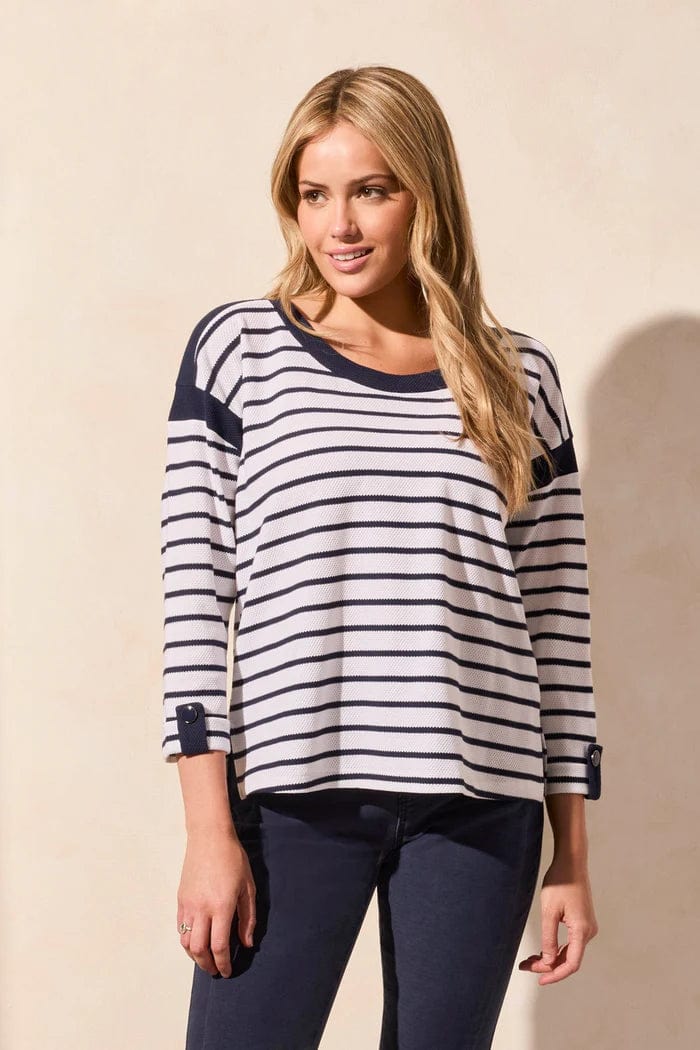 Jet Blue Stripe 3/4 Sleeve Waffle Knit Boat Neck Top