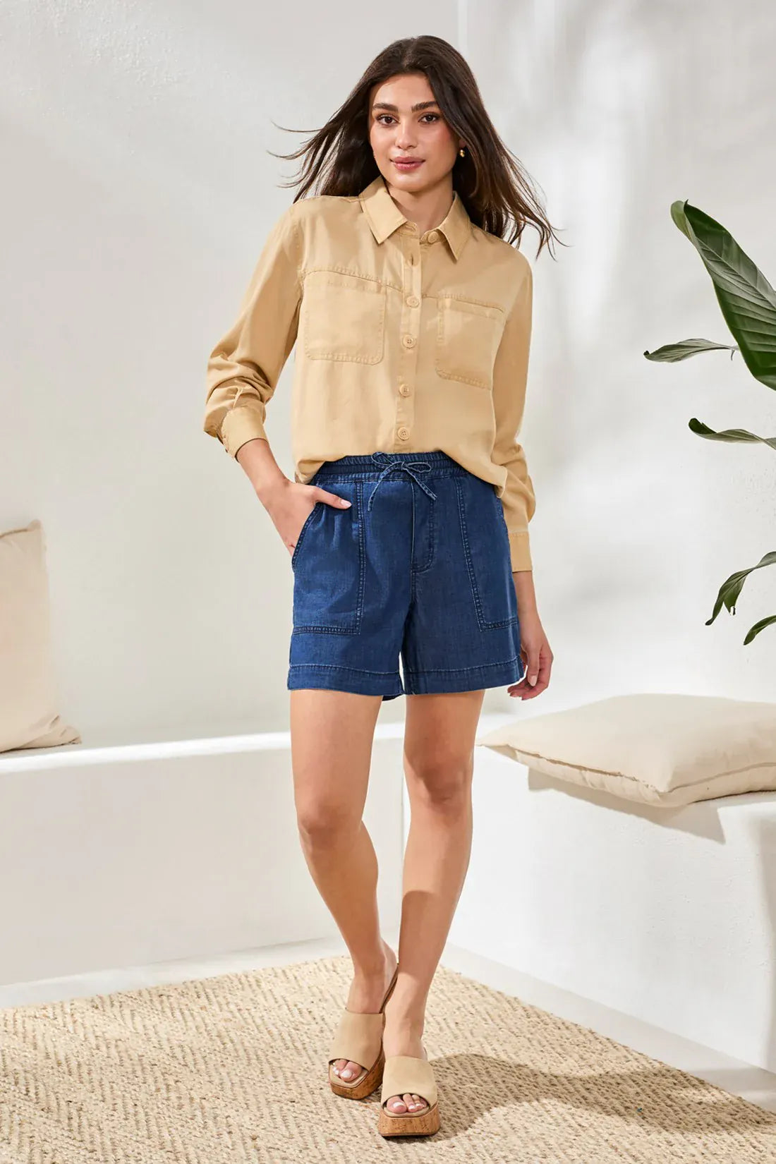 Soft Drape Denim Audrey Flowy Shorts With Elastic Waist