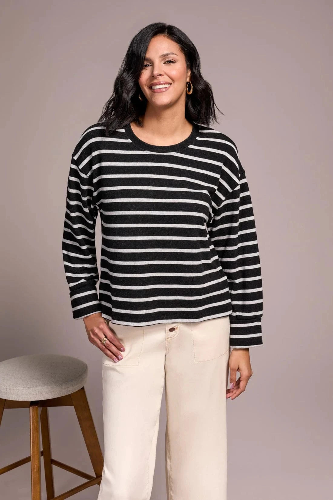 Black Stripe Crew Neck Brush Knit Top