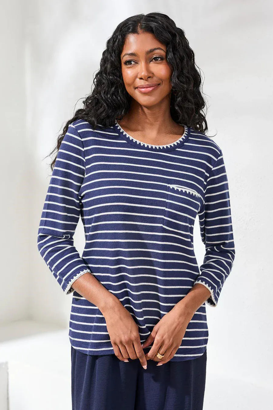 Jet Blue Texture Stripe Knit 3/4 Sleeve Top With Contrast Detail