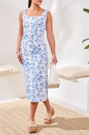 White Printed Sleeveless Square Neck Dress