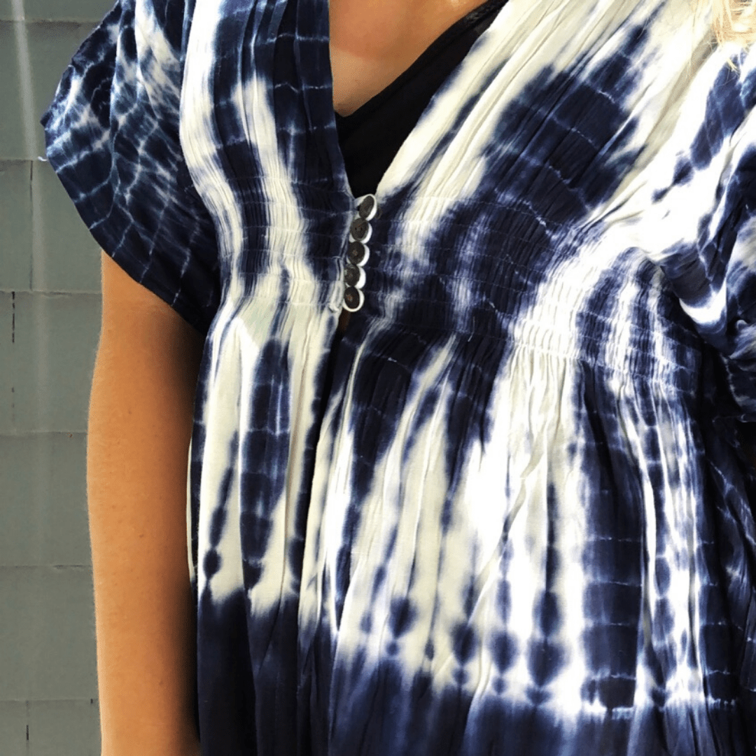 Blue tie-dye swimsuit cover up, tassel detail