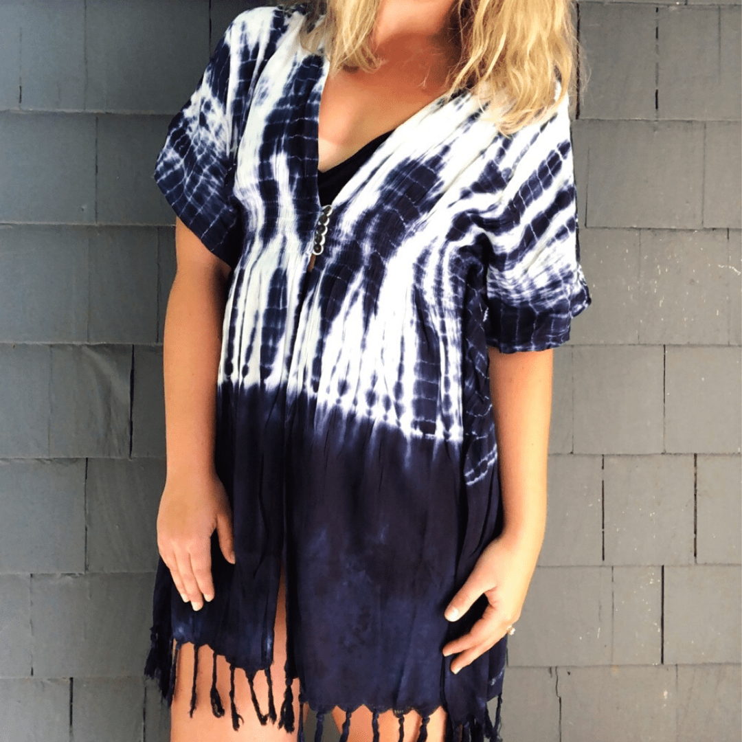 Blue tie-dye swimsuit cover up, tassel detail