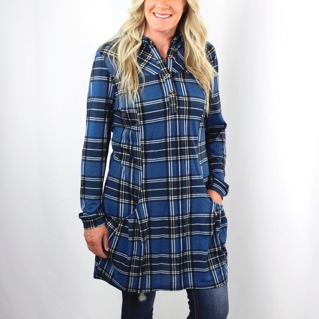 Blue Plaid Henley Pocket Dress