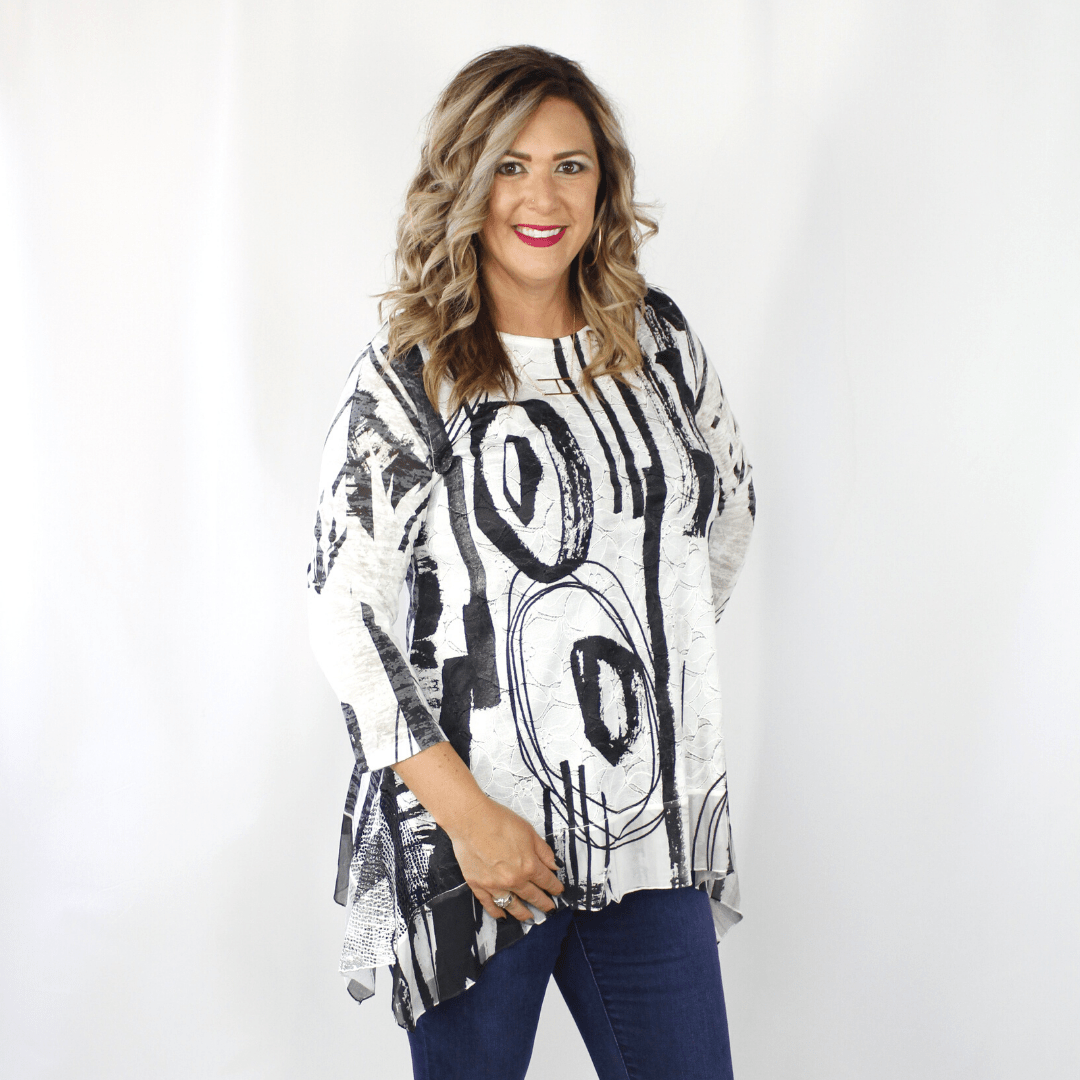 Black and white mesh shirt, 3/4 length sleeve