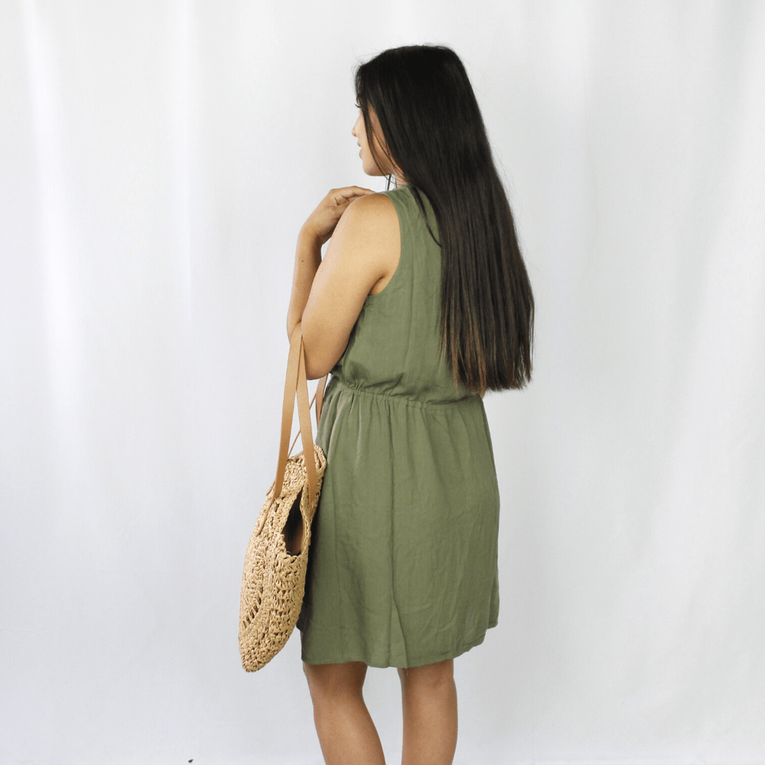 Olive green drawstring dress with pockets