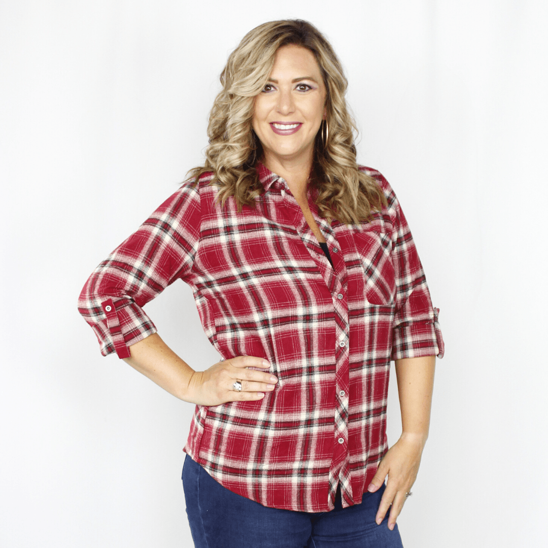 Red plaid flannel top, 3/4 length long sleeves