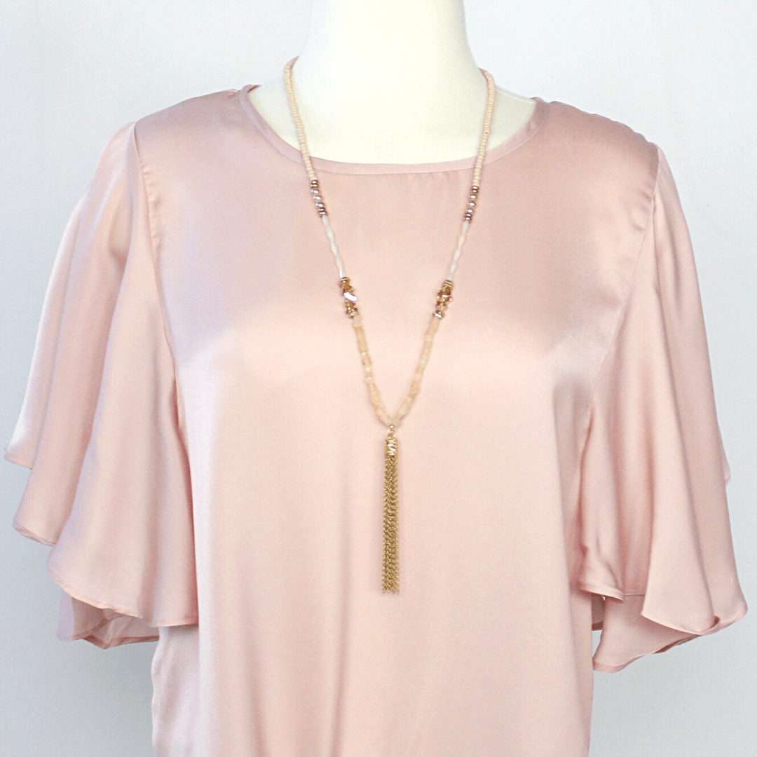 Rose Beaded Gold Tassel Necklace
