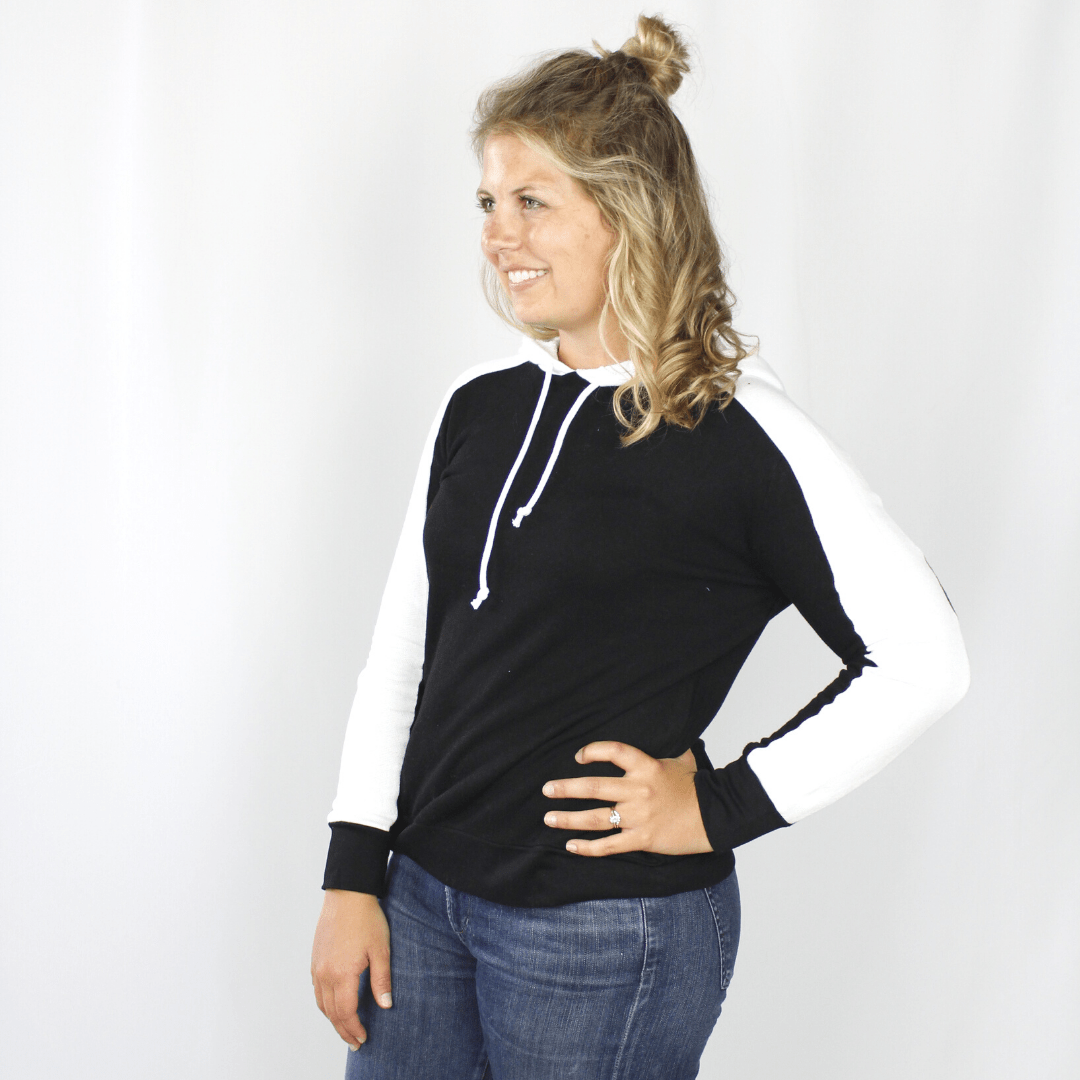 Black hoodie with white sleeves, long sleeve