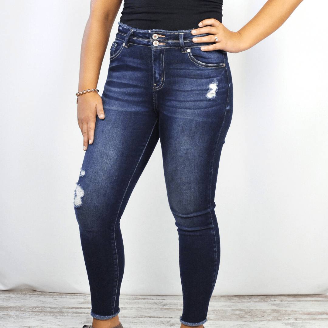 Distressed High Rise Dark Denim