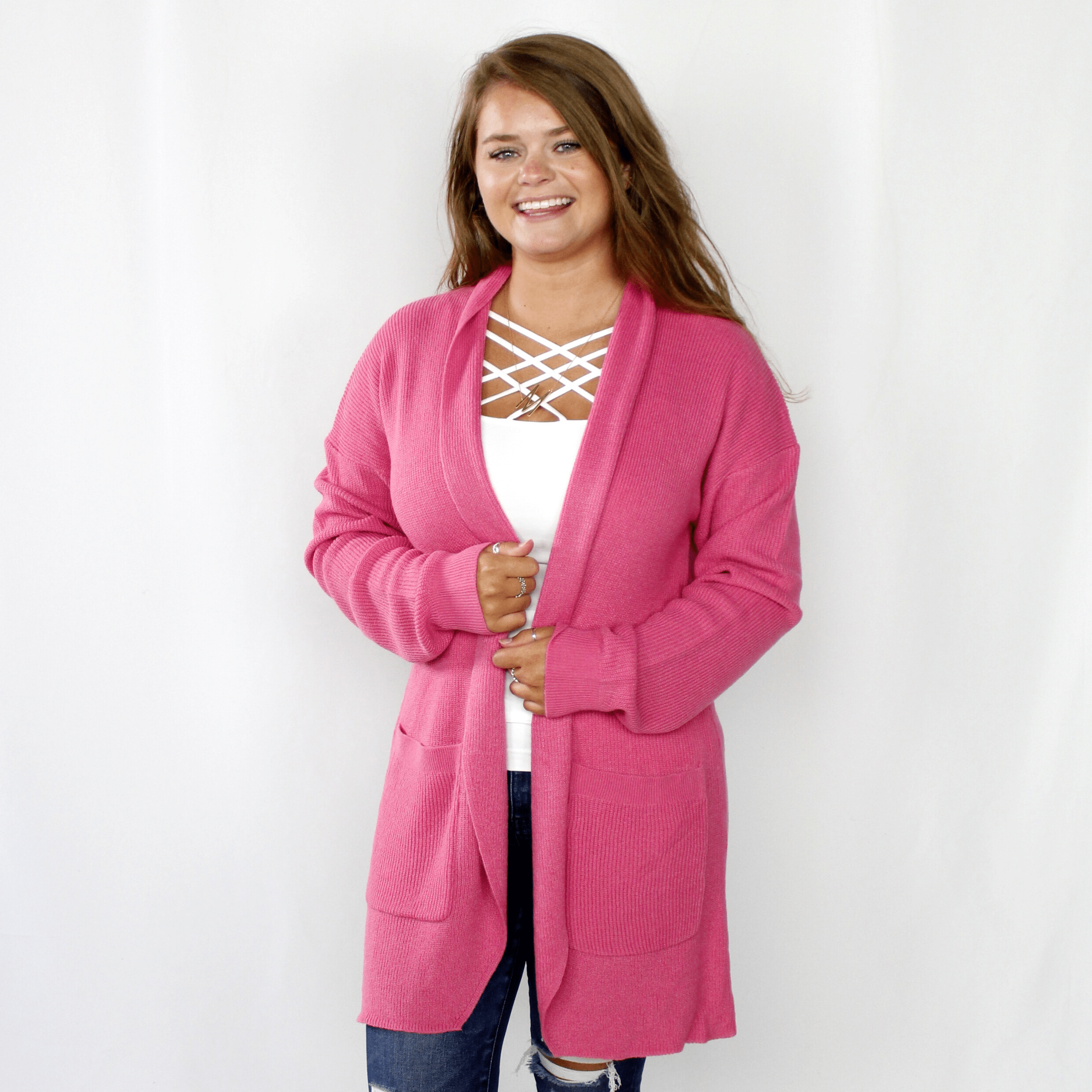 Pink Ribbed Drape Pocket Cardigan