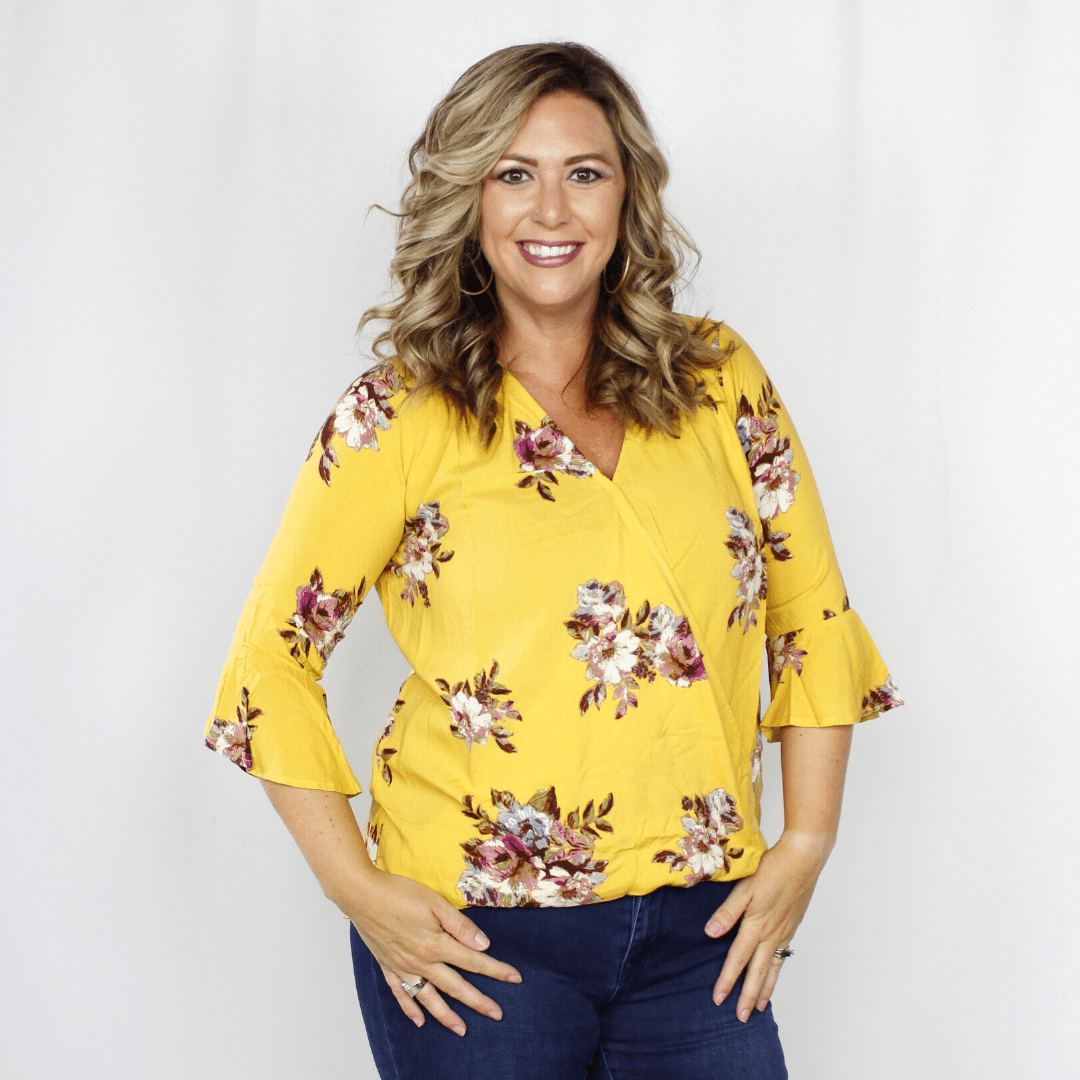 Yellow floral bell sleeve top, wrap detail on front