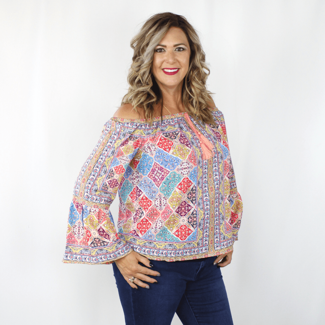 Multicolor patterned off the shoulder long sleeve top